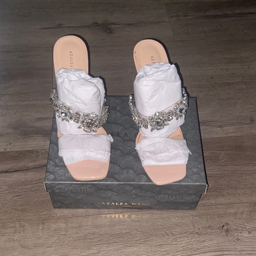 Crystal-Band Nude Patent Slide Mules